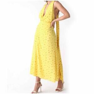 Rumored Sirena  Yellow Floral Halter Midi Wrap Dress Windswept Small